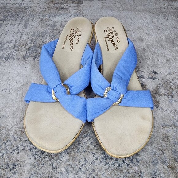 Island Slipper Hawaii Sandals Women’s Size 9 Blue Thong Wedge Heel Comfort - Picture 2 of 7